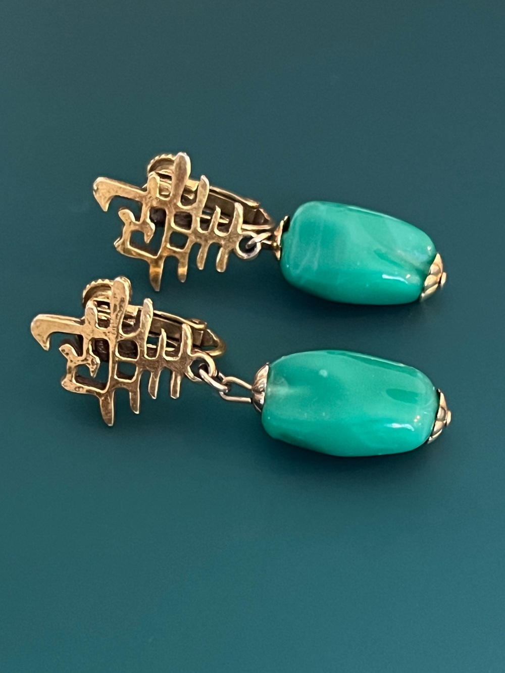 Antique Gold Tone Drop Earrings with Turquoise Beads